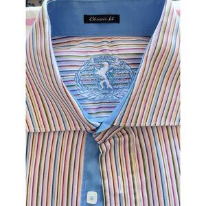 Bugatchi Mens L Shirt Multicolor Stripe Button Classic Fit 100% Cotton Lg Sleeve